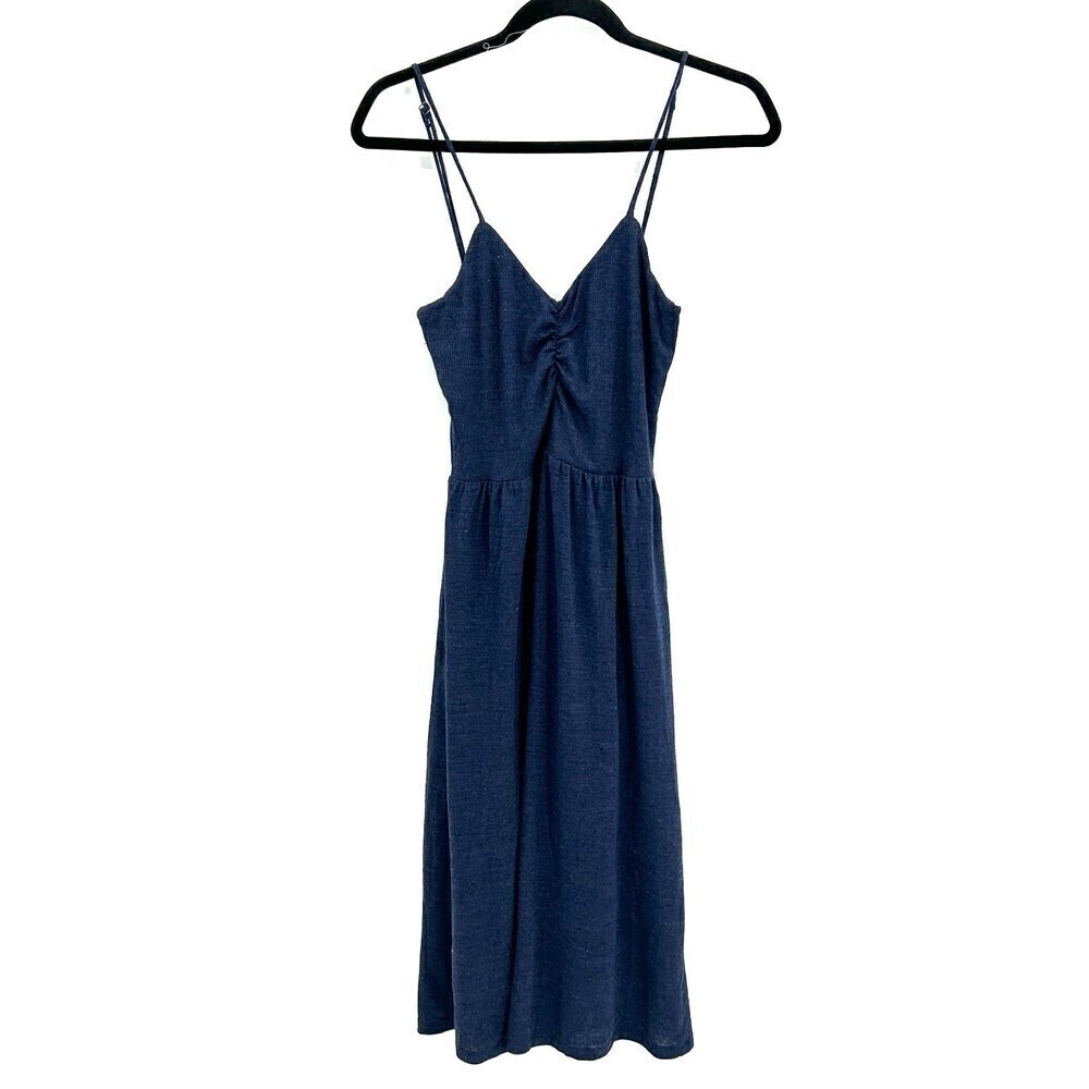 NWT CHASER Navy Blue Ribbed Ruched Front Spaghetti Strap Midi Dress Size Medium